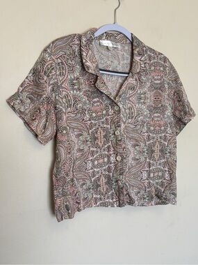 Chelsea and Theodore Floral Top Sz M Paisley Button 100% Linen Preppy Vacation